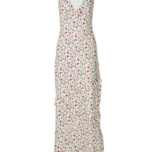 Sexy Deep V-Neck Floral Dress for Women - High-Waisted Slim Fit Long Skirt with Split Hem, European and American Style