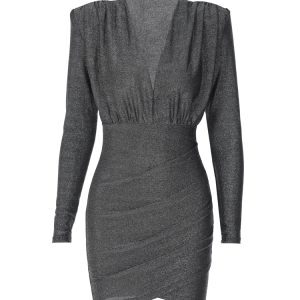 Sexy Deep V-Neck Shiny Long Sleeve Dress for Women - High Waist Slim Fit Mini Dress, European American Instagram Style