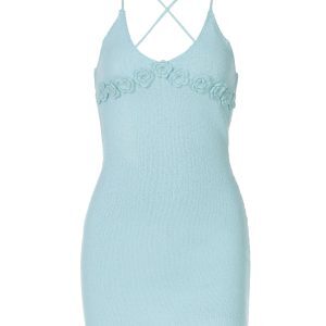 Sexy Deep V-Neck Tie Back Knitted Floral Bodycon Dress for Women - European American Style, Short Skirt, Y2K Fashion