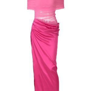 Sexy Double-Layer Mesh Off-Shoulder Dress with One-Shoulder Neckline, Pleated High-Waisted Spliced Long Skirt, European and American Style