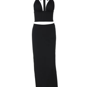 Sexy European American Style Fashion Set for Women - Deep V-Neck Metal Buckle Camisole & High-Waisted Slim-Fit Skirt