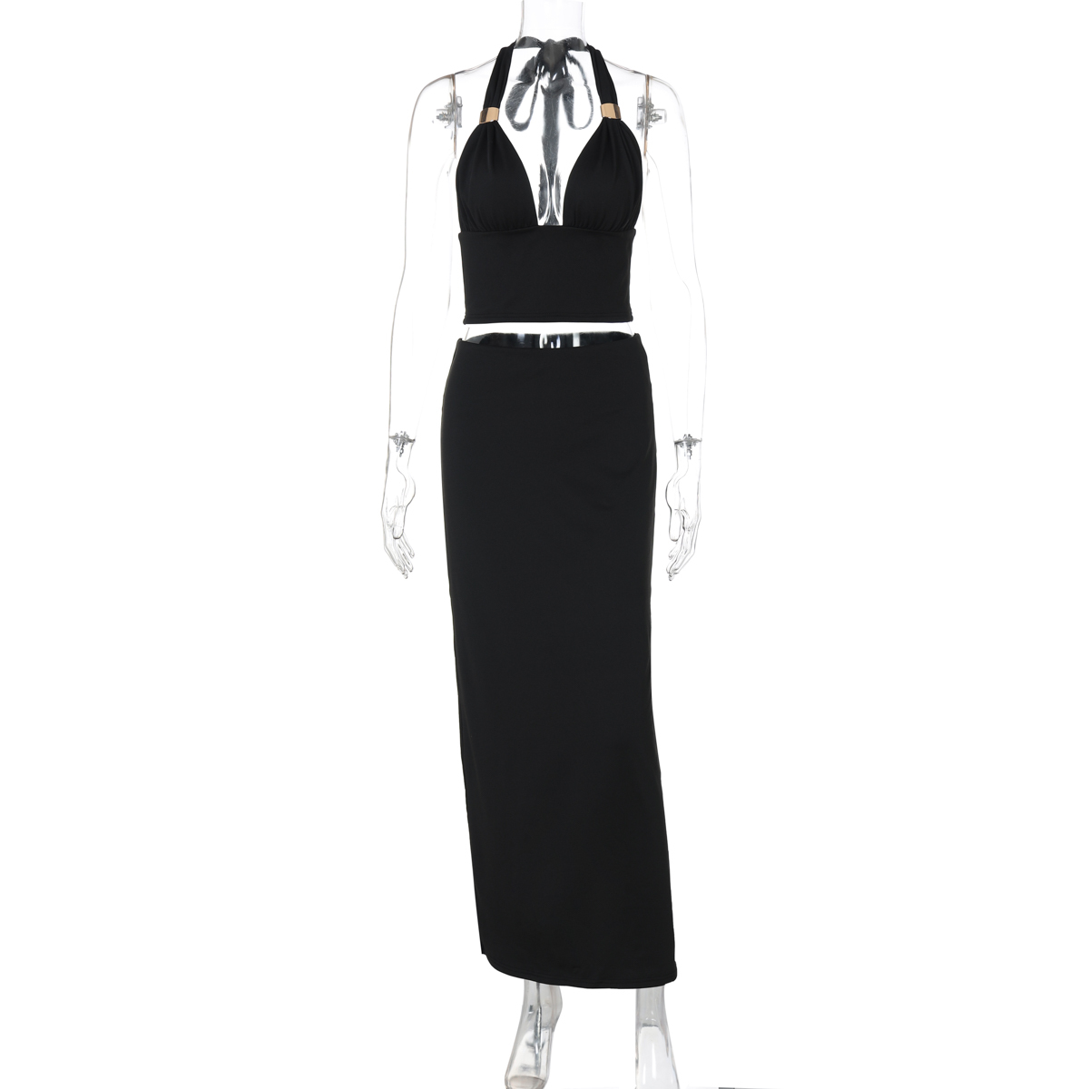 Sexy European American Style Fashion Set for Women - Deep V-Neck Metal Buckle Camisole & High-Waisted Slim-Fit Skirt