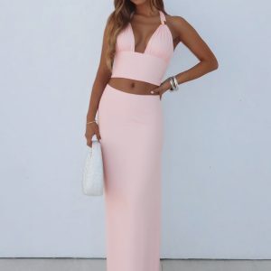 Sexy European American Style Fashion Set for Women - Deep V-Neck Metal Buckle Camisole & High-Waisted Slim-Fit Skirt