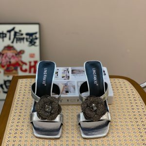 Sexy Floral Rhinestone Slide Sandals for Women - Comfortable Open-Toe Thin-Heeled Square-Toe Summer Footwear 2025