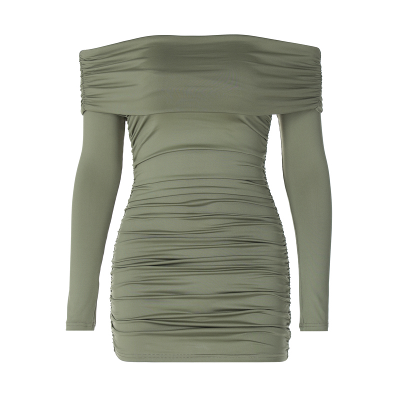 Sexy Folded Collar Long Sleeve Bodycon Dress for Women, Elastic Slim Fit, Flattering Ruched Short Skirt, European American Style