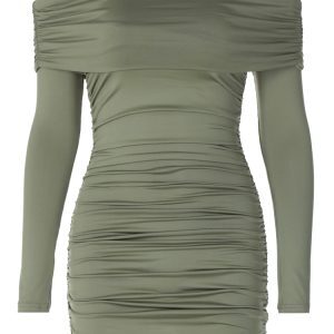 Sexy Folded Collar Long Sleeve Bodycon Dress for Women, Elastic Slim Fit, Flattering Ruched Short Skirt, European American Style
