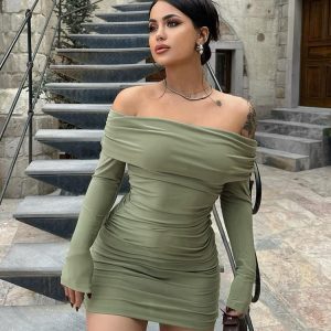 Sexy Folded Collar Long Sleeve Bodycon Dress for Women, Elastic Slim Fit, Flattering Ruched Short Skirt, European American Style
