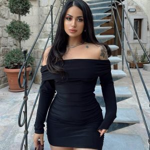 Sexy Folded Collar Long Sleeve Bodycon Dress for Women, Elastic Slim Fit, Flattering Ruched Short Skirt, European American Style