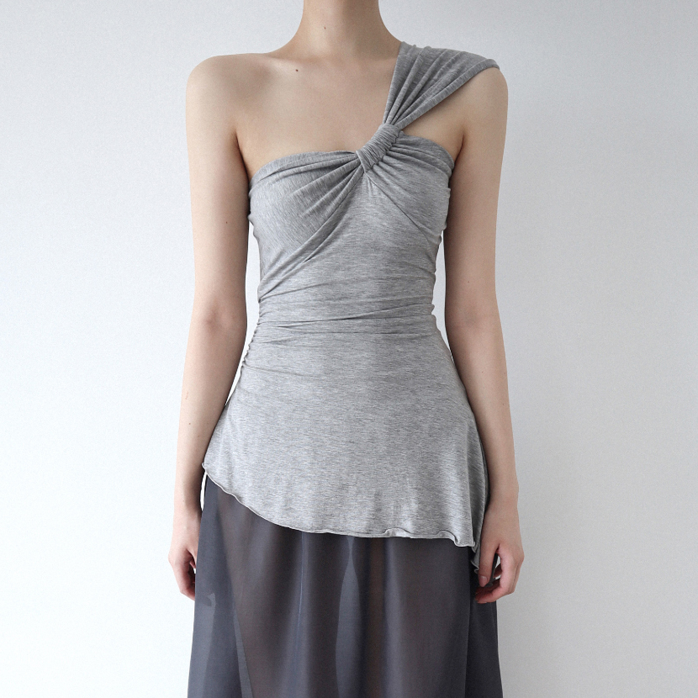 Sexy Gray Twisted One-Shoulder Tank Top - Slim Fit Stretchy Long Top for 90s and Y2K Style Fashion