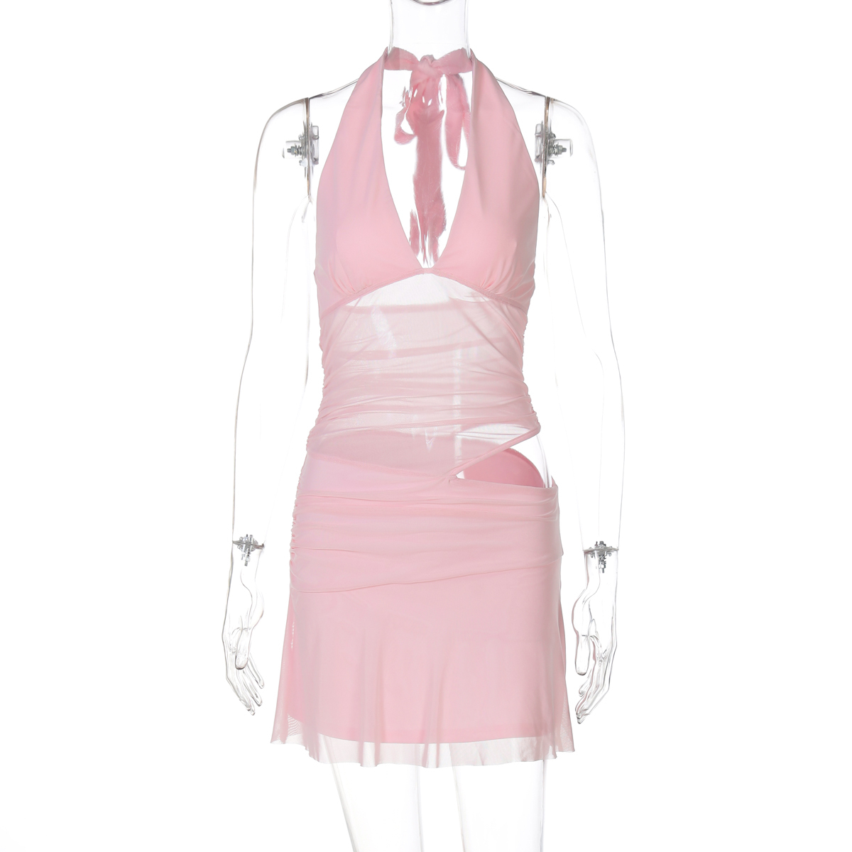 Sexy Hollow Mesh Splicing Deep V-Neck Tie Backless Dress - Short Skirt for Hot Girl Summer, Y2K Style