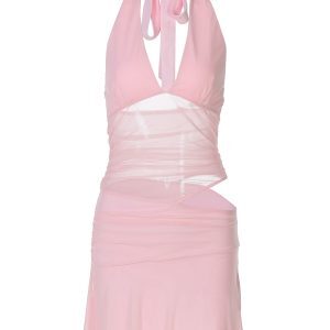 Sexy Hollow Mesh Splicing Deep V-Neck Tie Backless Dress - Short Skirt for Hot Girl Summer, Y2K Style