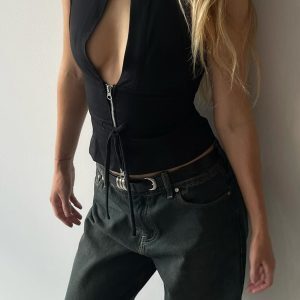 Sexy Hollow-Out Sleeveless Top for Women with Lace-Up Zipper and Fitted Waist - American Style Y2K Fashion