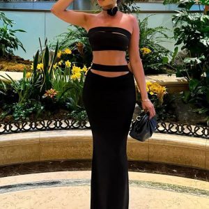 Sexy Hollow-Out Strapless Top and High-Waisted Slim-Fit Skirt Two-Piece Set - European and American Instagram Style Fashion for Women