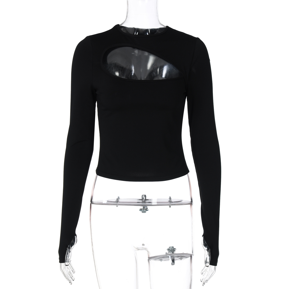 Sexy Hollow Round Neck Long Sleeve T-Shirt for Women - European American Style, Versatile Elastic Slim Fit Top for Spicy Girls