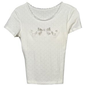 Sexy Lace Hollow Butterfly Strap Short-Sleeve T-Shirt with Chest Padding - Korean Style Hot Girl Figure-Enhancing Top