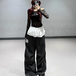 Sexy Lace Off-Shoulder Top for Women - Sheer Asymmetrical Long Sleeve T-Shirt for Jazz Dance - Slim Fit Y2K Style Cover-Up