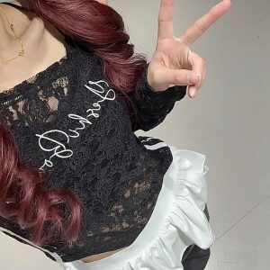 Sexy Lace Off-Shoulder Top for Women - Sheer Asymmetrical Long Sleeve T-Shirt for Jazz Dance - Slim Fit Y2K Style Cover-Up