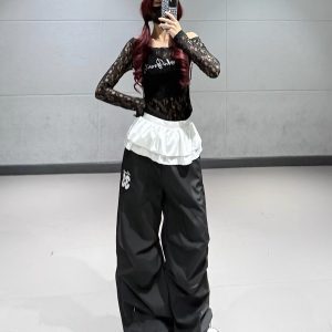Sexy Lace Off-Shoulder Top for Women - Sheer Asymmetrical Long Sleeve T-Shirt for Jazz Dance - Slim Fit Y2K Style Cover-Up