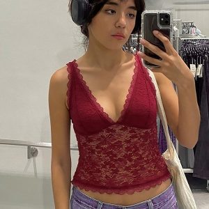 Sexy Lace Spliced Deep V-Neck Camisole for Women - European American Style Slim-Fit Summer Top - Versatile Y2K Fashion