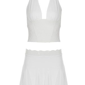 Sexy Lace Splicing Two-Piece Dress - Women's Halter V-Neck Tank Top with Mesh Pleated Skirt - Y2K Fashion Statement
