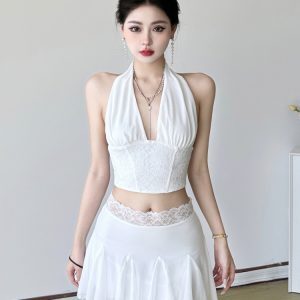 Sexy Lace Splicing Two-Piece Dress - Women's Halter V-Neck Tank Top with Mesh Pleated Skirt - Y2K Fashion Statement
