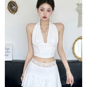 Sexy Lace Splicing Two-Piece Dress - Women's Halter V-Neck Tank Top with Mesh Pleated Skirt - Y2K Fashion Statement