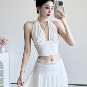 Sexy Lace Splicing Two-Piece Dress - Women's Halter V-Neck Tank Top with Mesh Pleated Skirt - Y2K Fashion Statement
