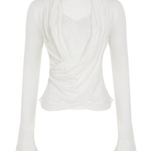 Sexy Low-Cut Lace Spliced T-Shirt for Women with Pleated Cross Design – Trendy Y2K Style Top