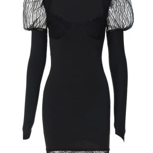 Sexy Low-Neck Lace Spliced Puff Long Sleeve Dress for Women - Stretchy Fitted Bodycon Mini Skirt - Y2K Hot Girl Style