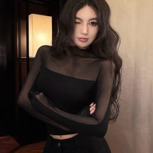 Sexy Mesh See-Through Jazz Dance Top for Women - K-Pop Inspired Performance Outfit