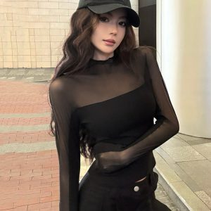 Sexy Mesh See-Through Jazz Dance Top for Women - K-Pop Inspired Performance Outfit