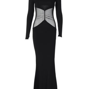 Sexy Mesh Spliced Hollow Round Neck Long Sleeve Dress for Women - Slim Fit Long Skirt, European American Style, Trendy Fashion