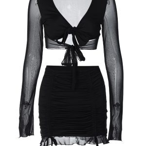 Sexy Mesh Splicing Two-Piece Set for Women, INS Style Tie-Up Top with Pleated Skirt, Trendy Y2K Fashion