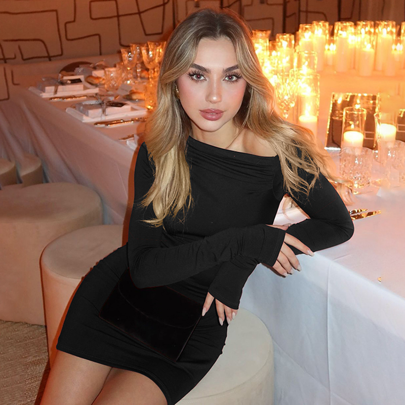 Sexy Off-Shoulder Long Sleeve Bodycon Dress for Women - European American Style, Elastic High-Waisted, Slim Fit Fashion