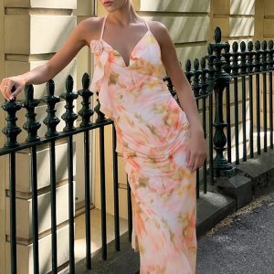 Sexy Off-Shoulder Tie Strap Halter Backless Dress for Women, Printed Pleated Double-Layer Long Skirt, Y2K Style
