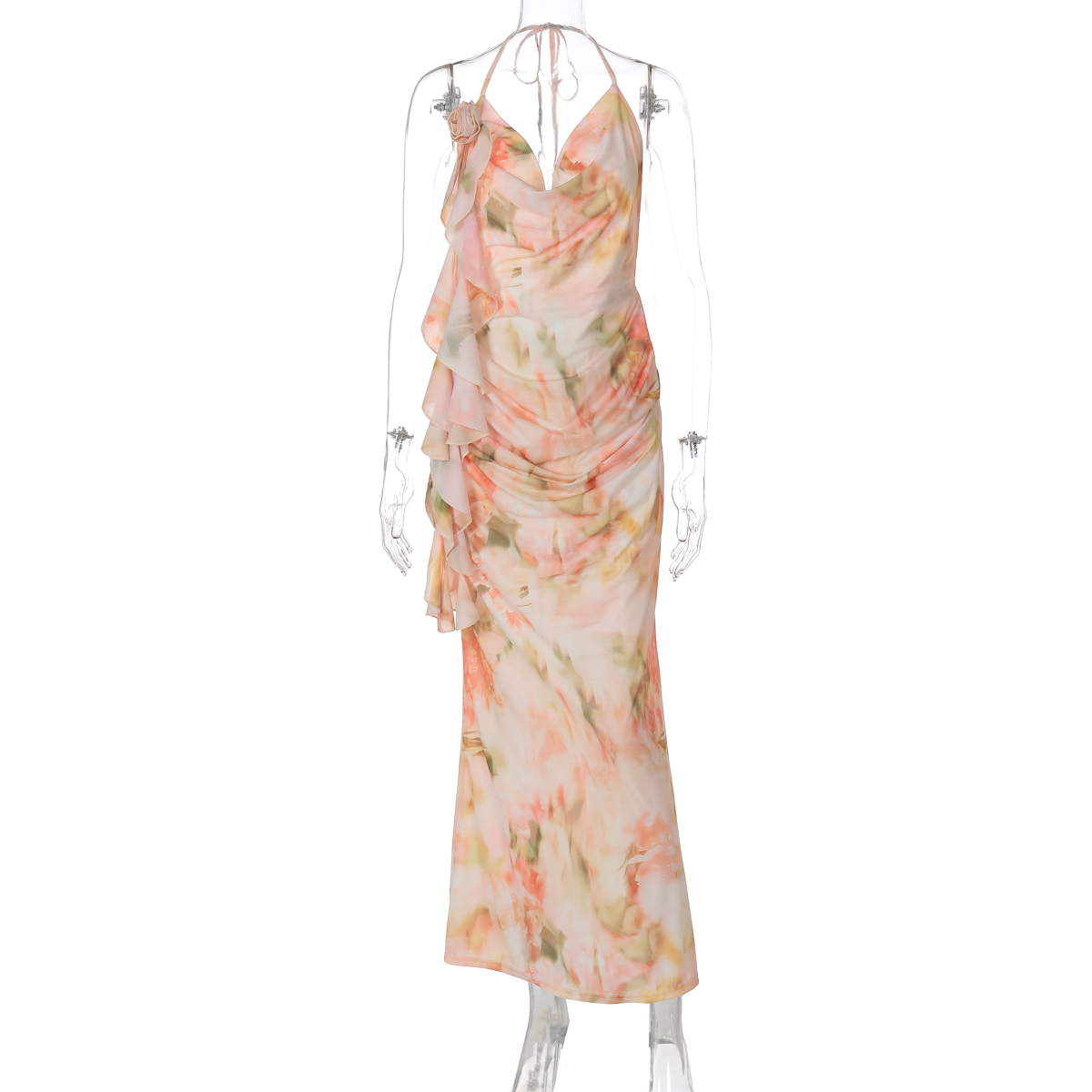 Sexy Off-Shoulder Tie Strap Halter Backless Dress for Women, Printed Pleated Double-Layer Long Skirt, Y2K Style