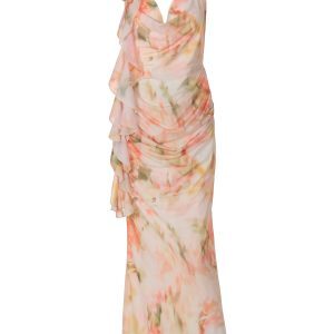 Sexy Off-Shoulder Tie Strap Halter Backless Dress for Women, Printed Pleated Double-Layer Long Skirt, Y2K Style