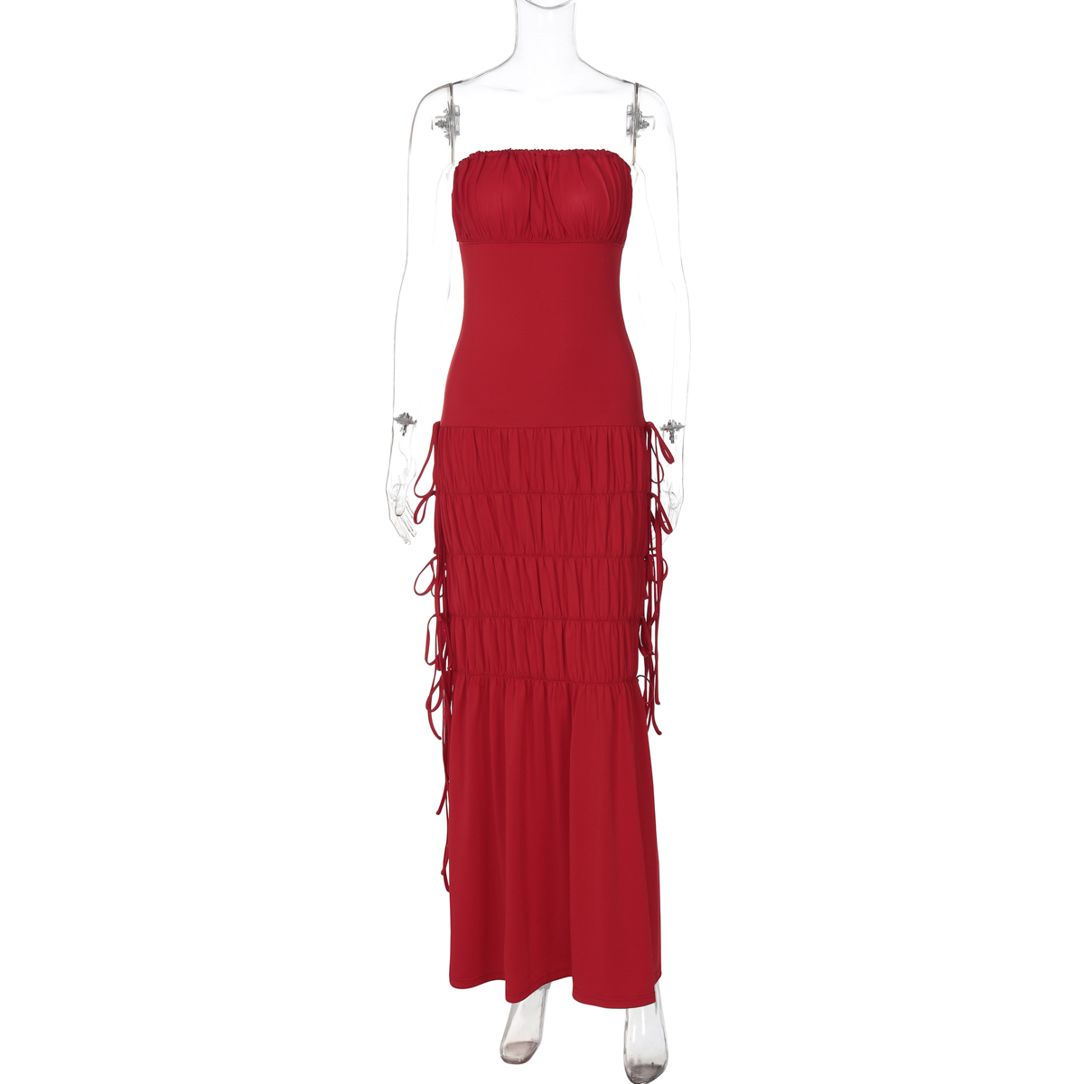 Sexy Off-the-Shoulder Drawstring Dress for Women - Spliced Pleated High-Waisted Fitted Long Skirt, European and American Style