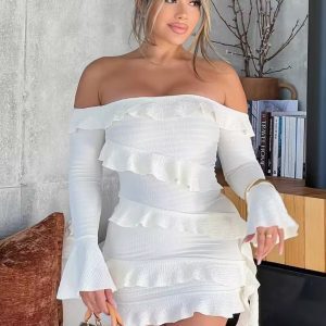 Sexy Off-the-Shoulder Lace-Trimmed Long Sleeve Dress for Women - Fitted Pencil Skirt - Perfect for Y2K and Date Night