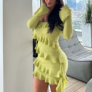 Sexy Off-the-Shoulder Lace-Trimmed Long Sleeve Dress for Women - Fitted Pencil Skirt - Perfect for Y2K and Date Night