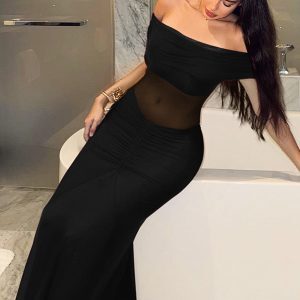 Sexy Off-the-Shoulder Mesh Pleated Long Dress - European & American Style, Waist-Exposing, Fitted Design for a Chic Look