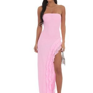 Sexy Off-the-Shoulder Strapless Dress for Women, Double-Layer Mesh Splicing, Slim Fit, Long Split Skirt, European American Style