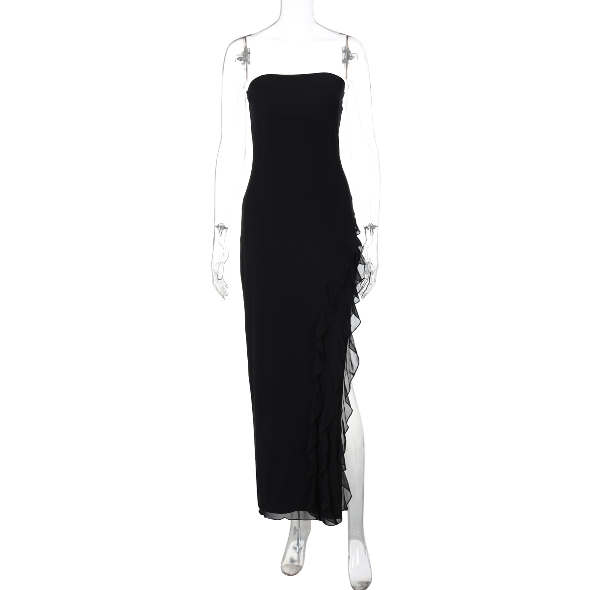 Sexy Off-the-Shoulder Strapless Dress for Women, Double-Layer Mesh Splicing, Slim Fit, Long Split Skirt, European American Style