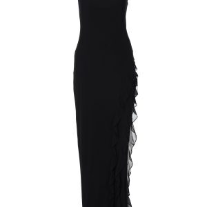 Sexy Off-the-Shoulder Strapless Dress for Women, Double-Layer Mesh Splicing, Slim Fit, Long Split Skirt, European American Style