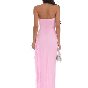 Sexy Off-the-Shoulder Strapless Dress for Women, Double-Layer Mesh Splicing, Slim Fit, Long Split Skirt, European American Style