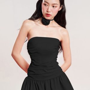 Sexy One-Shoulder Strapless Dress for Women, Elastic Pleated High-Waisted Short Skirt with Halter Tie, European American Style