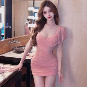 Sexy Pink Mesh V-Neck Low-Cut Bodycon Dress for Women - Summer Nightclub Style with Short Sleeves