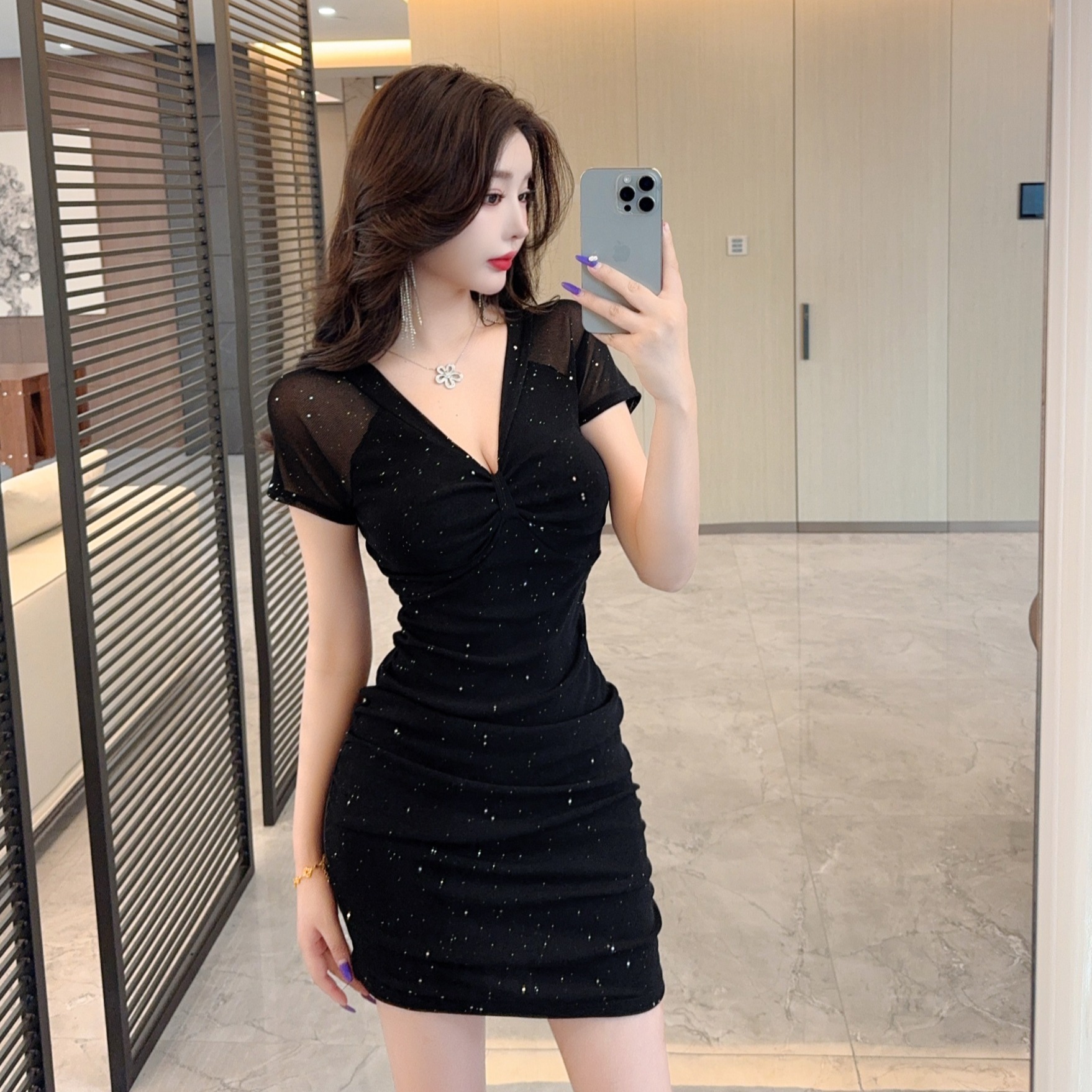 Sexy Polka Dot Mesh V-Neck Short Sleeve Dress for Women, Summer Slim Fit Bodycon Mini Dress, Little Black Dress