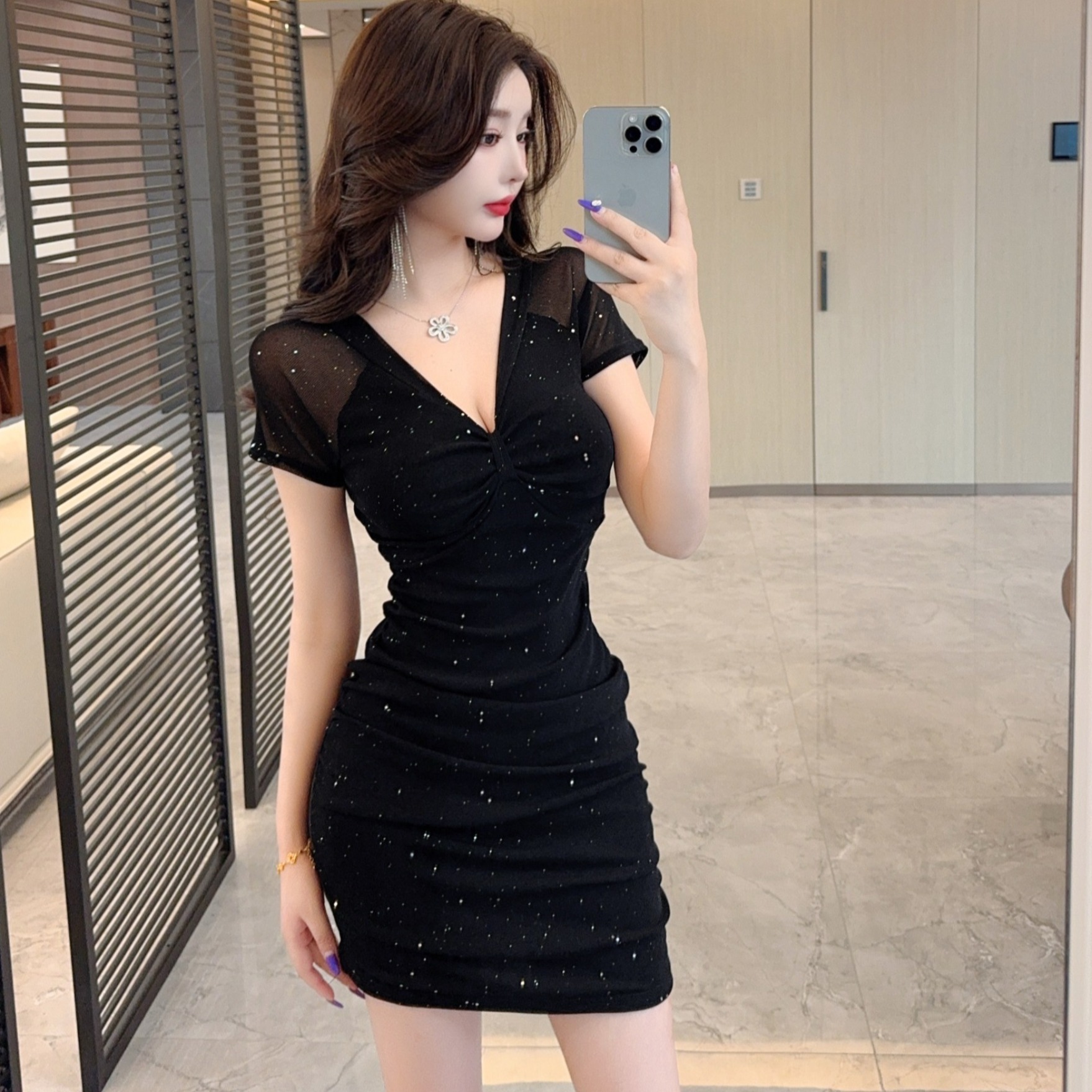 Sexy Polka Dot Mesh V-Neck Short Sleeve Dress for Women, Summer Slim Fit Bodycon Mini Dress, Little Black Dress