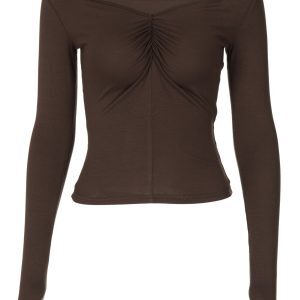 Sexy Ruched Off-the-Shoulder Long Sleeve T-Shirt for Women - European American Instagram Style, Fitted Stretchy Top for Autumn Fashion